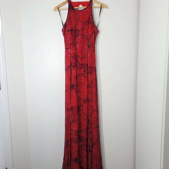 Sean Collection Dresses & Skirts - Sean Collection Vintage Red Full Length Beaded Evening Gown Dress Silk Open Back